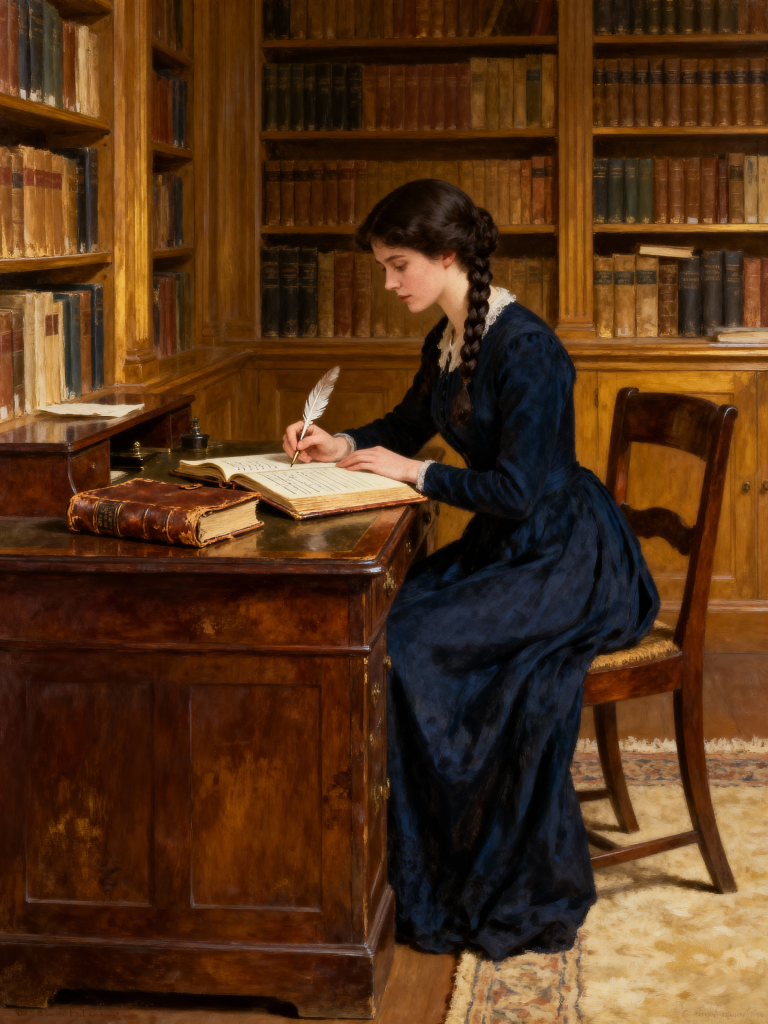 A young woman writing a novel in her study.